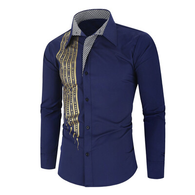 

Toponeto Mens Autumn Splicing Business Leisure Printing Long-sleeved Shirt Top Blouse
