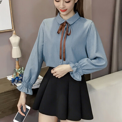 

Autumn Ladies Shirt Sweet Bow Tie Turn-down Collar Blouses Puff Long Sleeve Solid Color Shirts Single Buckle Pinstriped Blouse