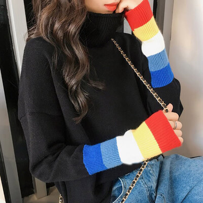 

High collar loose campus wind knit slim sweater striped casual sweater winter top