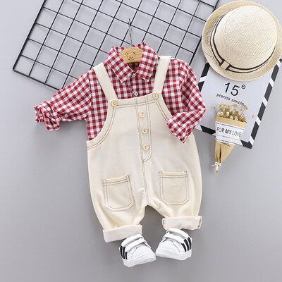 

Spring Autumn Casual Fashion Baby Boy Plaid Long Sleeve Shirt And Suspender Trousers Set