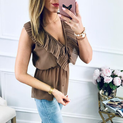 

Summer sexy V-neck ruffled lace-up sleeveless blouse chiffon vintage casual streetwear elastic perspective female solid blouse