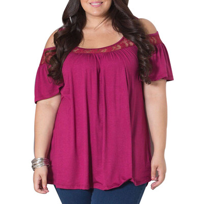 

Women Summer Casual Lace Splice Cold Shoulder Solid Color Short Sleeve T-shirt