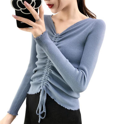 

Solid Color Drawstring V-neck Knitted Jumper Women Long Sleeve Slim Tops