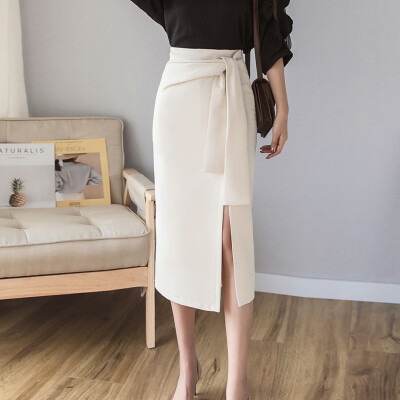 

Women Elegant Temperament High Waist Slit Skirt Fashion Trend Solid Color Office Lady Skirt