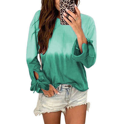 

Womens Creative Color Gradually Change Sweatershirt Loose Fashion Long-sleeved Tie Decoration Sweatershirt Top