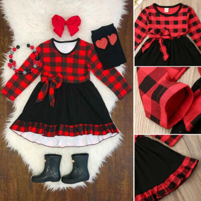 

UK Toddler Kid Baby Girls Plaid Long Sleeve Party Christmas Tutu Dress Costume