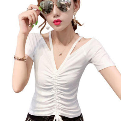 

White T Shirt Women Summer Solid Color Fashion Sexy T Shirt Loose Drawstring Casual T-shirt Short Sleeve V-neck Tops