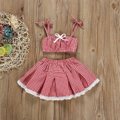 

new fashion Toddler Kid Baby Girl set clothes Plaid Sling Top Lace Plaid Skirt Set TopsDress 2Pcs set clothes