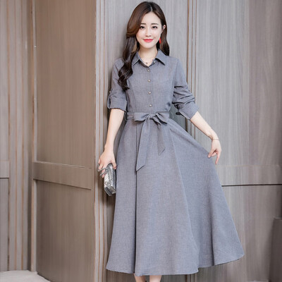 

Tailored Women Elegant Solid Long Sleeve Belt High-Waist Long Boho Dress Button Dress