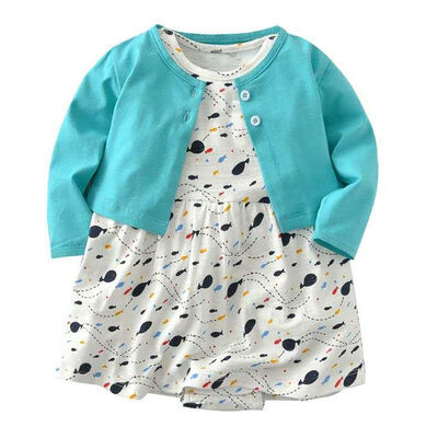 

Baby Girl Clothes Infant Cue Flower Deer Heart Print Dress with Solid Open Stitch Coat Set Children Clothing For Girl