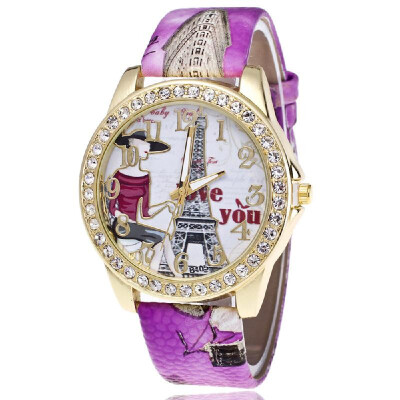 

Explosion-studded diamond Paris Eiffel Tower watch fashion digital belt ladies watch printed watches Pink