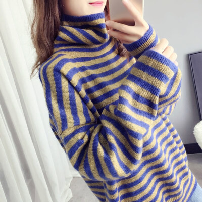 

Korean version of the sweater loose casual womens sweater pullover fashion trend high collar striped print sweater code