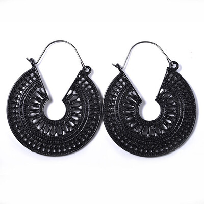 

1Pair Retro Bohemian Style Hollow Out Ethnic Hoop Dangle Carved Earrings Ladies Jewelry