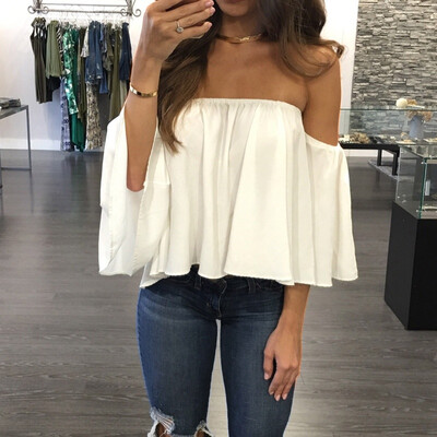 

ROPALIA Fashion Women Off Shoulder Top Long Sleeve Pullover Casual Summer T Shirt