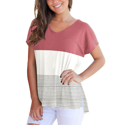 

Short Batwing Sleeve T-shirt Color blocks Striped V-neck Casual Lady Brend Tee Tops Women Summer T Shirt Female plus size