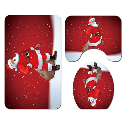 

Christmas Print Shower Curtain Carpet Mat Combination Bathroom Toilet Mat Bathroom Curtain Set 3 Piece Set