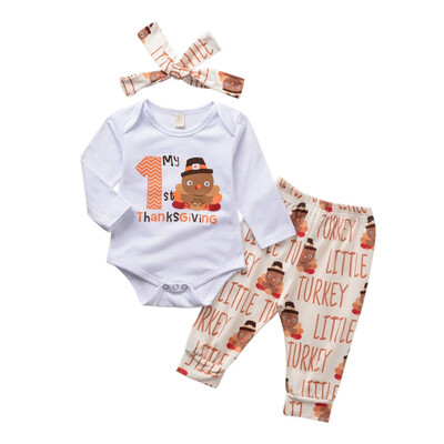 

Autumn Baby Boy Girl Long Sleeve Cartoon Letters Print Romper Tops Floral Trousers Headband Outfits Clothess