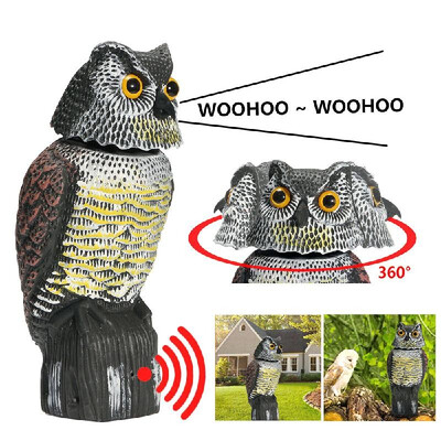 

Simulation Owl with 360° Rotating Heads Touching Shade Control Sound Scare Device Realistic Possum Rodent Bird Pest Deterrent Stat