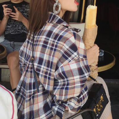 

Simple Vintage Plaid Loose Korean Style College Wind Fashion Female Women Long Sleeve Shirts small fairy fan Korean version