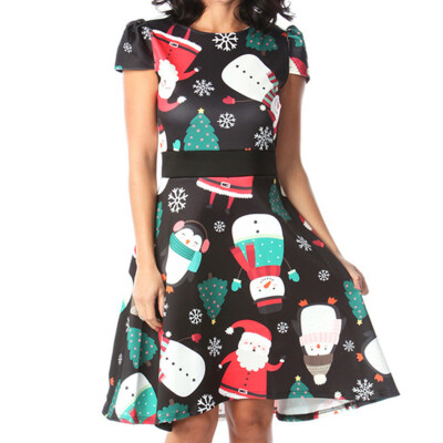 

Tailored Women O-Neck Christmas Printed Short Sleeve Hight Waist Princess Dress