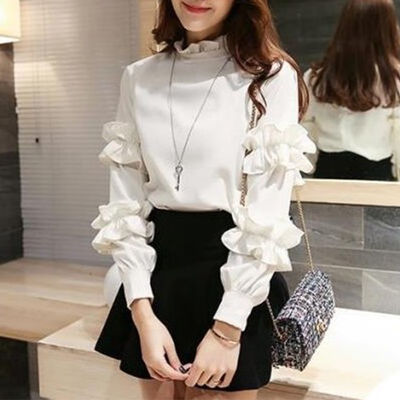 

Stand Petal Full Sleeve Trim Solid Color Chiffon Blouses Women Casual Fashion Sweet Top Shirts