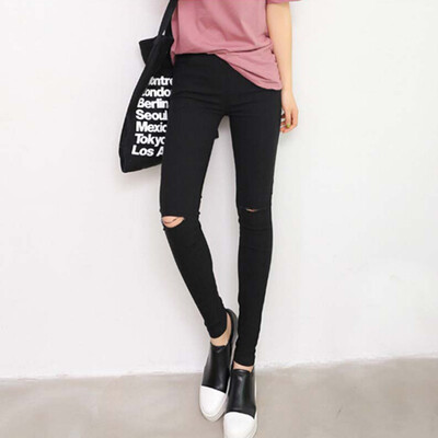 

Women Casual Knee Ripped Hole Pants Slim Stretch Pencil Pants Trousers Leggings