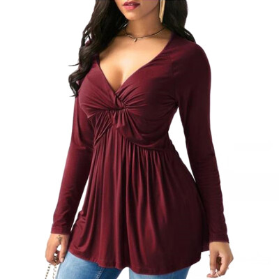 

Women Autumn Plus Size Sexy Deep V Neck Long Sleeve Ruffle Solid T Shirt Loose Casual Tops