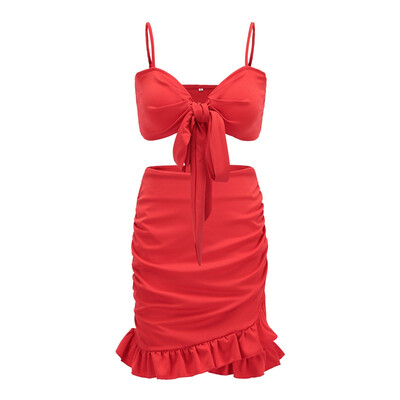 

Fashion New Ladies Bow Tops Ruffled Skirt Set Sexy V-neck Camisole Mini Skirt Two-piece