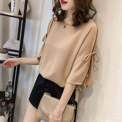 

Split Bow Tied With Three Quarter Sleeves Chiffon Shirt Female Loose Thin All-match Bottoming Shirt