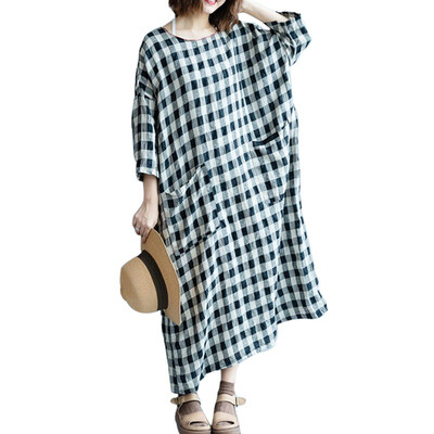 

Women Autumn Plaid Stitching Dresses Round Neck Big Pocket Long Sleeve Cotton Linen Dress Loose Casual Long Dresses