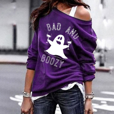 

New Women Fashion Halloween Ghost Printing Hoodie Casual Long Sleeve Solid Color Pullover Sweatshirt