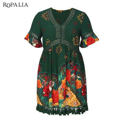 

Original Large Size Dress Womens V-neck Half Sleeve Printed Bohemian Holiday Dress