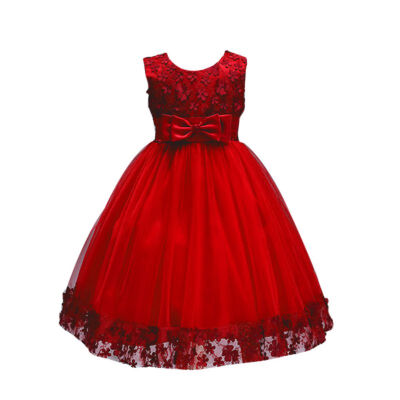 

2018 New Kids Dress Kids Elegant Wedding Dress Wedding Party Lace Party Official Red Wine Series 1-8T S2