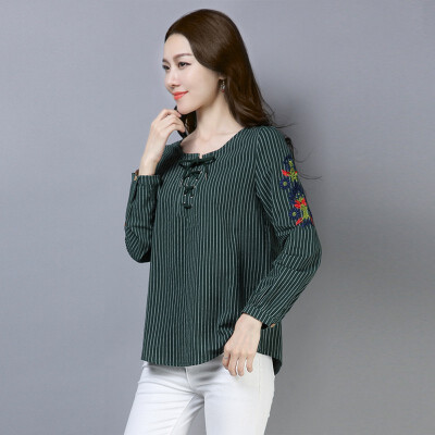 

Women Summer Ethnic Style Vintage Embroidered Versatile Round Collar Loose Solid Color Long-Sleeved Casual Wild Tops