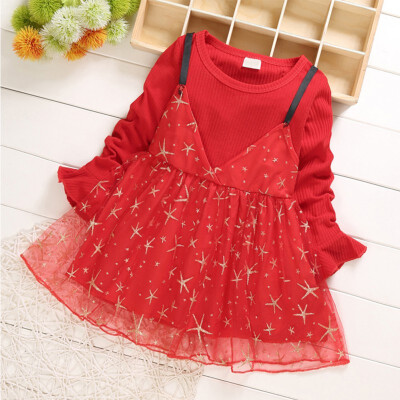 

Baby Girl Princess Dress Fake 2 Piece Toddler Cartoon Star Pattern Long Sleeve Cotton Mesh Dresses Spring
