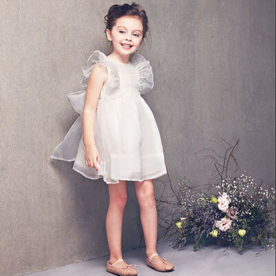 

Children Summer Girls Cute Big Bow Stitching Mesh Sleeveless Sweet Princess Ruffled Flower Girl Dress 2-7Y Toddler Girl Dress