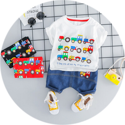 

Cartoon Car Boy Clothes Set Print Cartoon T-shirt Denim Shorts Fashion Casual Toddler Kids Clothes Set
