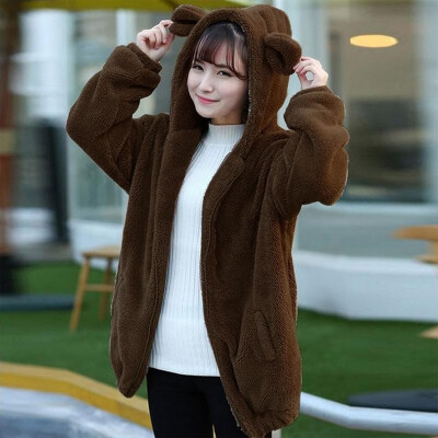 

Fashion Women Winter Solid Color Fluffy Hoodies Hooded Long Sleeve Zipper Pocket Bear Ear Cute Casual Warm Coat