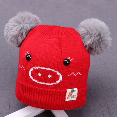 

Cute Baby Hat Pompon Winter Warm Kids Baby Ball Design Hats Cartoon Print Knitted Wool Hemming Caps