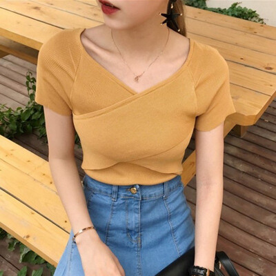 

Summer Sexy V Neck Tank Tops New Fashion Knitted Women Short Sleeve Female Tops Shirt Blouse Casual Crop Tops T-Shirts