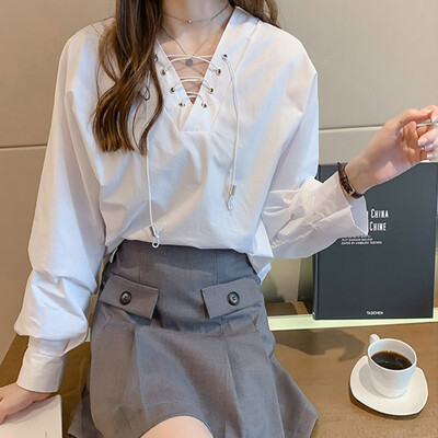 

New Fashion V-neck Strap White Shirt Female Long-sleeved Shirt Design Sense Shirt