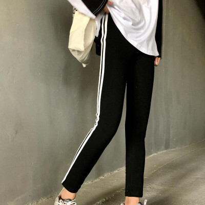 

Women Black Tracksuits Pants High Elastic Skinny Pencil Pants Side Striped Trousers Casual High Waist Female Pants Crips