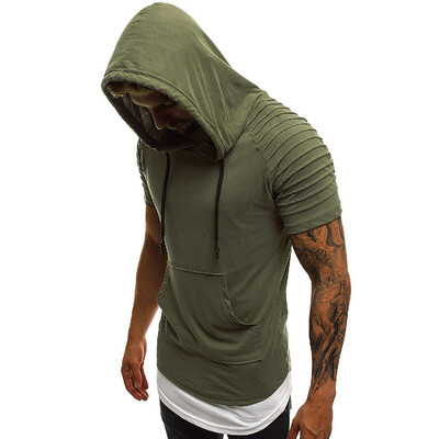 

Toponeto Mens Fashion Casual Slim Hooded Round Collar Pleated Short Sleeve Top Shirt
