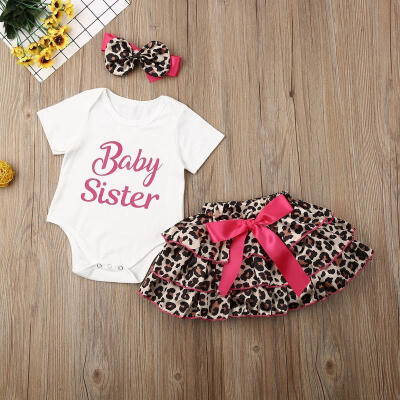 

3Pcs Toddler Baby Girl Romper Infant Baby Sister Letter BodysuitLeopard Print Skirt OutfitsHeadband Clothing Set