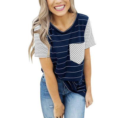 

Casual Summer Women Striped Patch Pocket T-Shirt Short Sleeve Round Neck Top