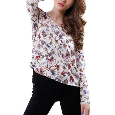 

Elegant Vintage Long Sleeve V-neck Floral Blouses Women Pullover Tops Cotton OL Shirts