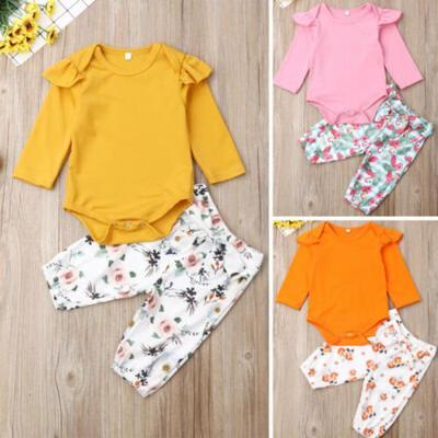 

2PCS Newborn Baby Girls Boys Cotton Romper Floral Bowknot Pants Outfits Autumn