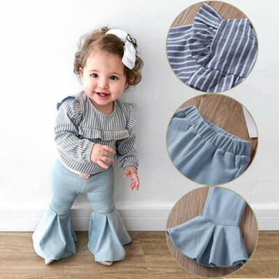 

US Baby Girl Kid Striped Fly-Sleeve Top Flared Flannel Pants Autumn Clothes Set
