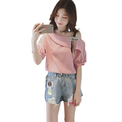 

New Womens Shirt Striped Blouse Elegant Lantern Sleeve Off Shoulder Female Blouse Sexy Summer Cotton Women Tops Blusas