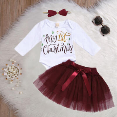 

Newborn Baby Girl Xmas Long Sleeve Romper Tutu Mesh Skirt Headband Outfits Set